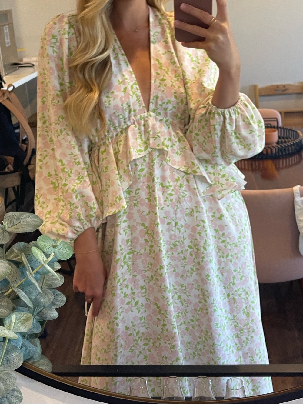 Topshop Pink Floral Ruffle Dress with Green Leaf Print